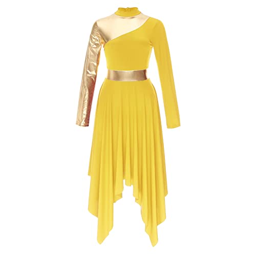 ranrann Vestido de Danza Ballet para Mujer Irregular Vestido de Baile Lírica Contemporánea Manga Larga Traje Baile de Salón Latino Tango Dancewear A Amarillo XXL