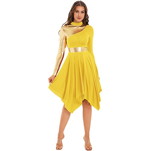 ranrann Vestido de Danza Ballet para Mujer Irregular Vestido de Baile Lírica Contemporánea Manga Larga Traje Baile de Salón Latino Tango Dancewear A Amarillo XXL