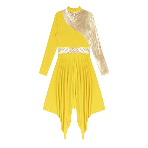 ranrann Vestido de Danza Ballet para Mujer Irregular Vestido de Baile Lírica Contemporánea Manga Larga Traje Baile de Salón Latino Tango Dancewear A Amarillo XXL