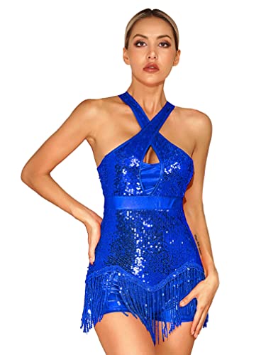 ranrann Vestido Irregular de Danza Ballet Lentejuelas para Mujer Maillot de Patinaje Artístico con Falda Tutú Leotardo Gimnasia Rítmica Dancewear Azul real I S