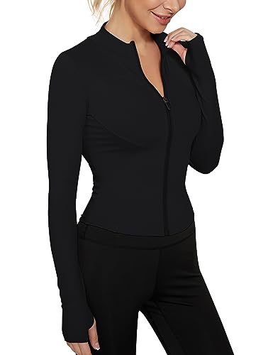 Rapbin Chaqueta deportiva para mujer, de manga larga, para gimnasio, yoga, fitness, transpirable, con cremallera, ligera, con orificio para el pulgar, Style 2-black, XS