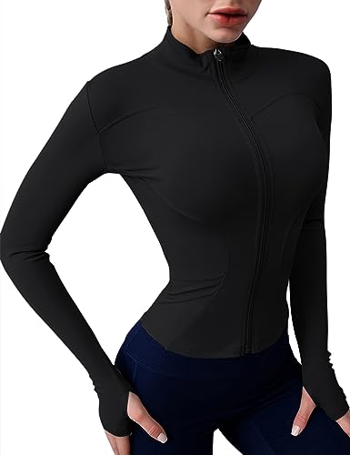 Rapbin Chaqueta deportiva para mujer, de manga larga, para gimnasio, yoga, fitness, transpirable, con cremallera, ligera, con orificio para el pulgar, Style 2-black, XS