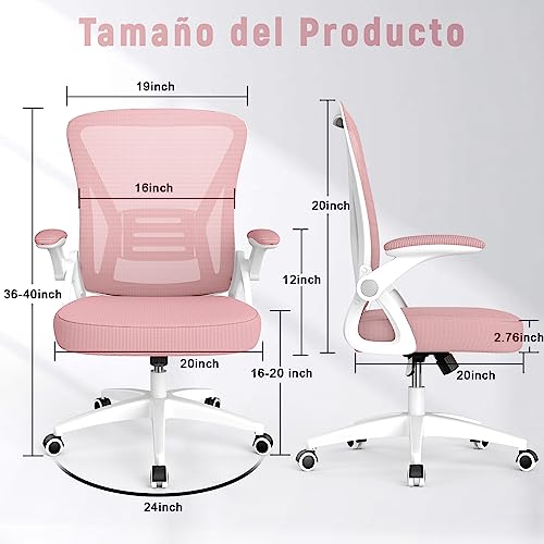 rattantree Silla de Oficina, Silla de Escritorio Ergonómica con Reposabrazos Plegables, Altura Ajustable, Soporte Lumbar, Silla Giratoria para Computadora con Cojín de Asiento Acolchado Rosa