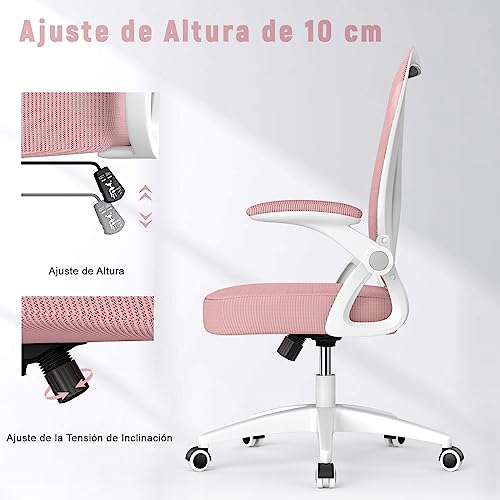 rattantree Silla de Oficina, Silla de Escritorio Ergonómica con Reposabrazos Plegables, Altura Ajustable, Soporte Lumbar, Silla Giratoria para Computadora con Cojín de Asiento Acolchado Rosa