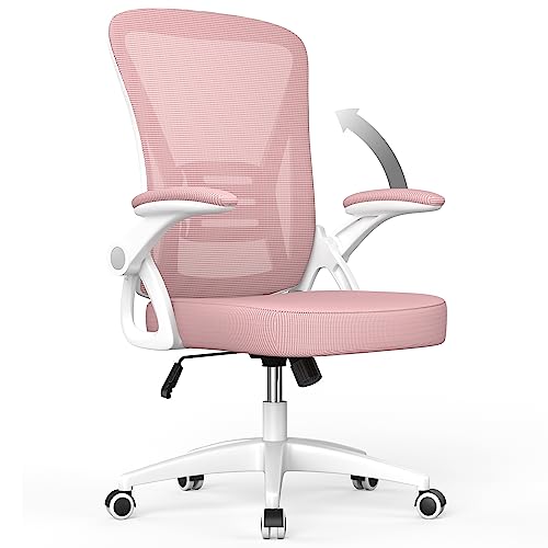 rattantree Silla de Oficina, Silla de Escritorio Ergonómica con Reposabrazos Plegables, Altura Ajustable, Soporte Lumbar, Silla Giratoria para Computadora con Cojín de Asiento Acolchado Rosa