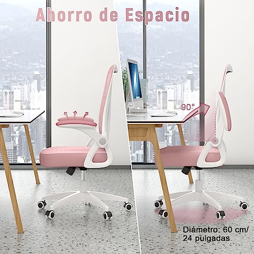 rattantree Silla de Oficina, Silla de Escritorio Ergonómica con Reposabrazos Plegables, Altura Ajustable, Soporte Lumbar, Silla Giratoria para Computadora con Cojín de Asiento Acolchado Rosa