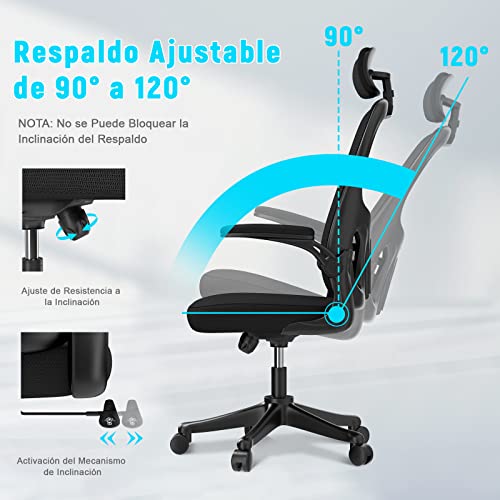 rattantree Silla de Oficina, Silla de Escritorio Ergonómica con Reposacabezas Ajustable y Soporte Lumbar, Respaldo de Malla Transpirable, Reposabrazos Abatibles de 90°, Silla Giratoria de 360°