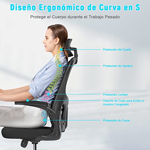 rattantree Silla de Oficina, Silla de Escritorio Ergonómica con Reposacabezas Ajustable y Soporte Lumbar, Respaldo de Malla Transpirable, Reposabrazos Abatibles de 90°, Silla Giratoria de 360°