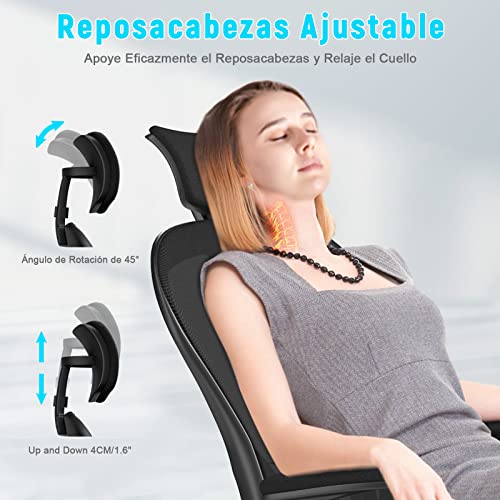 rattantree Silla de Oficina, Silla de Escritorio Ergonómica con Reposacabezas Ajustable y Soporte Lumbar, Respaldo de Malla Transpirable, Reposabrazos Abatibles de 90°, Silla Giratoria de 360°