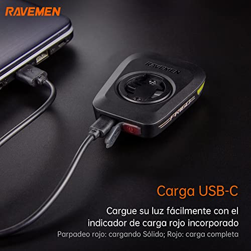 RAVEMEN FR160 Compatible con Garmin Ciclocomputadores,6 Modos Luces de Circulación Diurna con luz Intermitente de Advertencia,Tipo-C IPX6 a Prueba de Agua(Protegido por Patente)