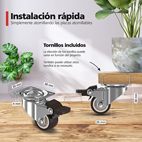 RAVN HAMAN Juego de 4 ruedas para muebles 25 mm - Ruedas giratorias con freno hasta 15 kg por rueda - Ruedas pivotantes de goma para uso en interiores - Rodamiento silencioso y suave con el suelo