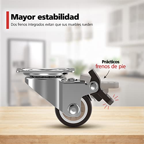 RAVN HAMAN Juego de 4 ruedas para muebles 25 mm - Ruedas giratorias con freno hasta 15 kg por rueda - Ruedas pivotantes de goma para uso en interiores - Rodamiento silencioso y suave con el suelo