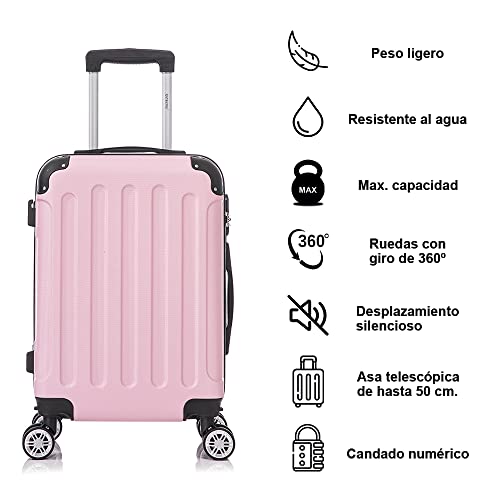 RAYKONG Maleta Cabina ABS 55x40x20cm (40L) - Trolley pequeña Equipaje de Mano - 4 Ruedas Dobles Giratorias 360ª - RosaClaro