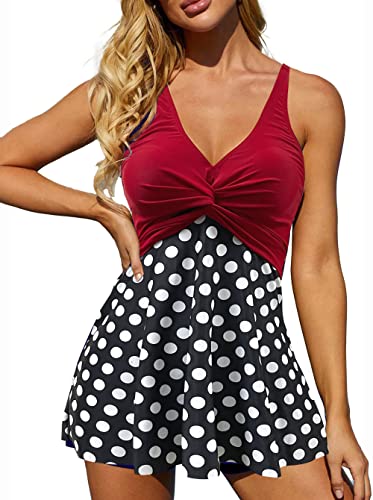 Rayson Tankini Mujer en V Hálter Bañador Falda Moda Traje de Baño Clásico de Cintura Alta Elegantes para Piscina Playa(Rojo y Negro y Lunares,L)