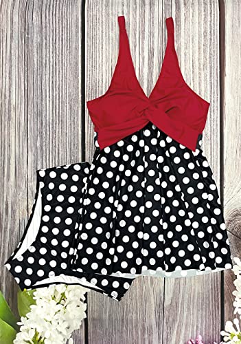 Rayson Tankini Mujer en V Hálter Bañador Falda Moda Traje de Baño Clásico de Cintura Alta Elegantes para Piscina Playa(Rojo y Negro y Lunares,L)