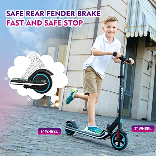 RCB Patinete Eléctrico Niños, 150W Motor, 3 Modos de Velocidad, Máx.16 km/h, Altavoz Bluetooth, Luz LED Arcoíris, 3 Alturas Ajustables, Plegable, Pantalla LED, Regalo para Niños 6-12 Años