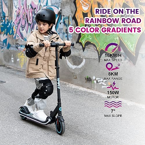 RCB Patinete Eléctrico Niños, 150W Motor, 3 Modos de Velocidad, Máx.16 km/h, Altavoz Bluetooth, Luz LED Arcoíris, 3 Alturas Ajustables, Plegable, Pantalla LED, Regalo para Niños 6-12 Años