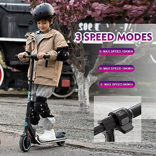 RCB Patinete Eléctrico Niños, 150W Motor, 3 Modos de Velocidad, Máx.16 km/h, Altavoz Bluetooth, Luz LED Arcoíris, 3 Alturas Ajustables, Plegable, Pantalla LED, Regalo para Niños 6-12 Años