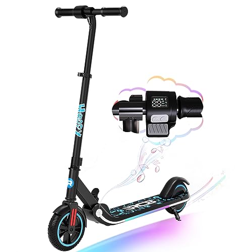 RCB Patinete Eléctrico Niños, 150W Motor, 3 Modos de Velocidad, Máx.16 km/h, Altavoz Bluetooth, Luz LED Arcoíris, 3 Alturas Ajustables, Plegable, Pantalla LED, Regalo para Niños 6-12 Años