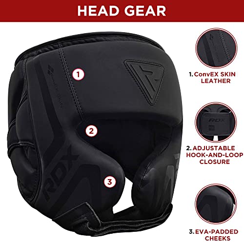 RDX Casco Protector Boxeo Entrenamiento MMA Fighting Headgear | Protector de Cara y Orejas de Muay Thai de Piel de Piel de convección Negro Mate | Ideal para Artes Marciales