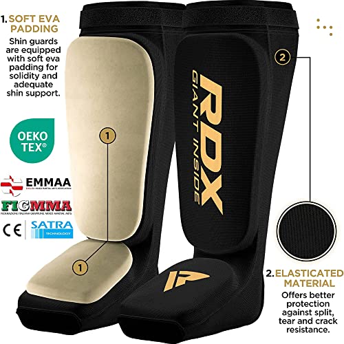 RDX Espinilleras Kick Boxing Muay Thai, Aprobado por SATRA, Espinilla Empeine Protección Pads, MMA Shin Pierna Guardia para Sparring Boxeo BJJ Kárate Entrenamiento, Hombre Mujere (Negro, L)