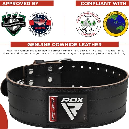 RDX Gimnasio Cinturon Musculacion Powerlifting Entrenamiento, IPL USPA Aprobado, 6mm Cowhide Cuero Lumbar Doble Hebilla Peso Levantamiento Cinturón para Gym Fitness Ejercicio De Físico Deadlifts