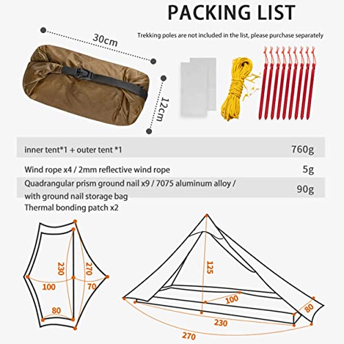 RDYMONKEY Tienda de campaña Ultraligera para Uso en Exteriores, Tienda de Trekking Ultraligero 1 Persona / 2 Personas Carpa Refugio Acampar, mochilear y Caminar (Khaki)