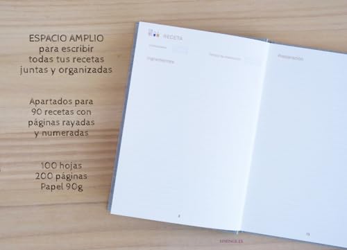 Recetario en blanco personalizado con tu nombre 15x21| Libro de cocina para escribir hasta 90 recetas con índice y cuchara bambú | Castellano català euskara galego português | Tapa dura A5