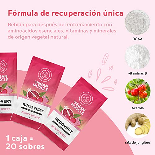 Recovery Vegan Muscle Post-Workout - Sabor Frutos Rojos - Complejo Recuperación post-entrenamiento con BCAA Leucina, Glutamina, Minerales y Vitaminas B, Para una recuperación Rápida y satisfactoria