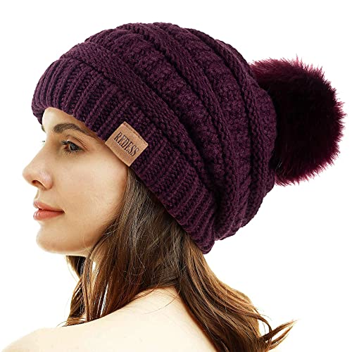 REDESS Gorro de Invierno con pompón para Mujer, cálido Forro Polar, Grueso, Holgado, Tejido de Nieve, Grueso, Holgado, Gorra de esquí con Calavera