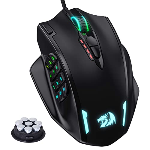 Redragon M908 Impact RGB - Raton Gaming para juegos MMO - Botones laterales - Sensor óptico con 12,400 DPI, Ratón para Windows de alta precisión, 19 botones programables