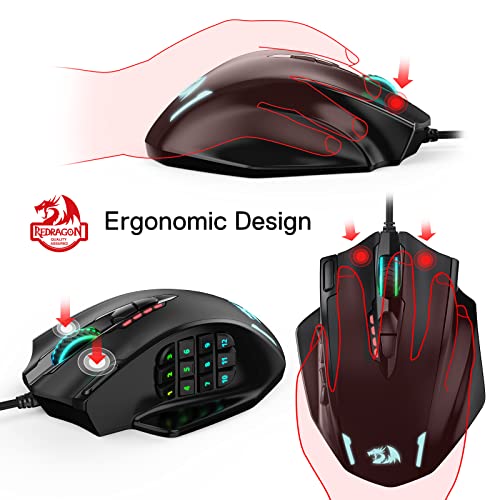 Redragon M908 Impact RGB - Raton Gaming para juegos MMO - Botones laterales - Sensor óptico con 12,400 DPI, Ratón para Windows de alta precisión, 19 botones programables