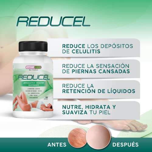 Reducel | Potente reafirmante y tonificante anticelulítico | Combate la celulitis y flacidez de piernas y glúteos. Exclusiva formula con L-Carnitina, cafeína y CLA. 100 cápsulas.