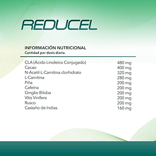 Reducel | Potente reafirmante y tonificante anticelulítico | Combate la celulitis y flacidez de piernas y glúteos. Exclusiva formula con L-Carnitina, cafeína y CLA. 100 cápsulas.