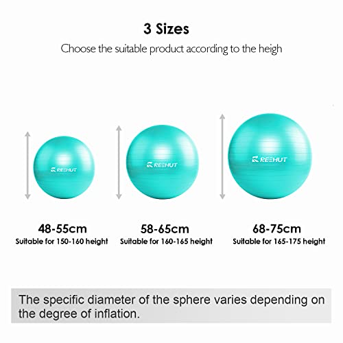 REEHUT Pelota de Pilates Yoga Fitball - (55 cm 65 cm 75 cm) Anti Explosión Pelota Yoga con Hinchador Incluido, Pelota Pilates Embarazadas para Oficina, Hogar y Gimnasio (Turquesa, 65cm)