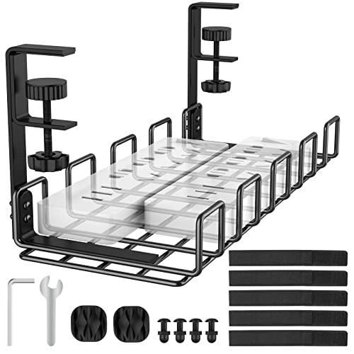 REFLYING Sin perforación Bandeja de gestión de Cables Debajo del Escritorio, con Abrazadera, Bandeja Robusta metálica para regletas, Negro, 1 Paquete