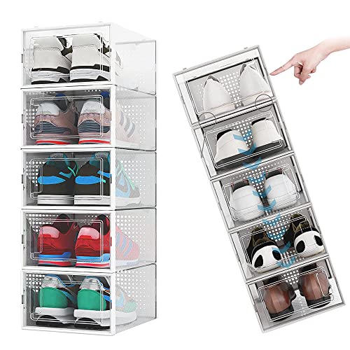 REFORUNG 10 Piezas Cajas para Zapatos Transparentes Cajas de Almacenaje Apilables, Caja para Guardar Zapatillas Organizador de Zapatos de Plástico Plegable con Tapa Frontal Hasta Talla 45