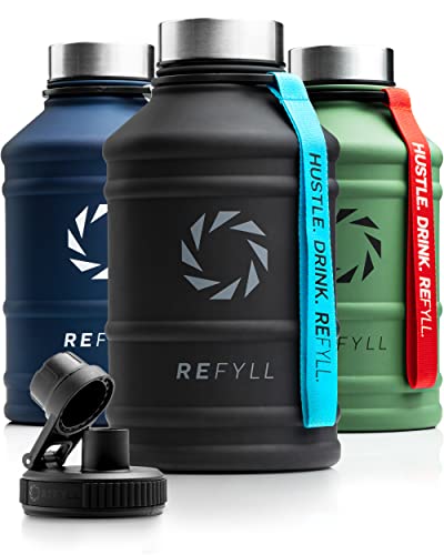 REFYLL X Botella de Agua de Acero Inoxidable Hero in 1.3-2.2L I Botella de Agua Fitness para Deportes, Gimnasio | Jarra de agua a prueba de fugas, duradera y sin BPA (negro medianoche)