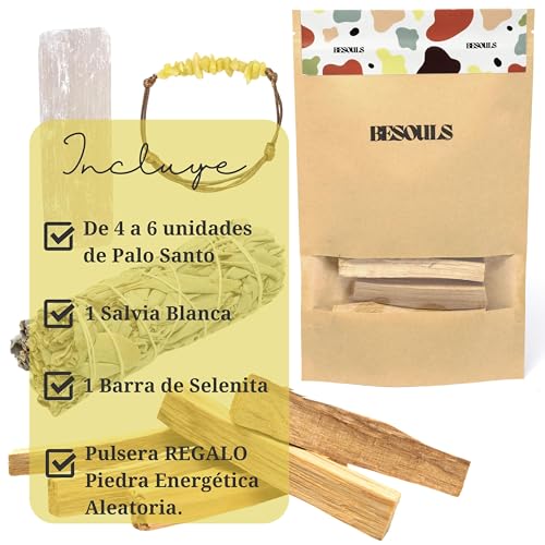 Regalos Originales: Kit Limpieza energetica 4-6 Palo Santo Premium + 1 Salvia Blanca + Pulsera Regalo + Selenita + QR Contenido Digital | Palo Santo para Quemar Natural | Experiencia