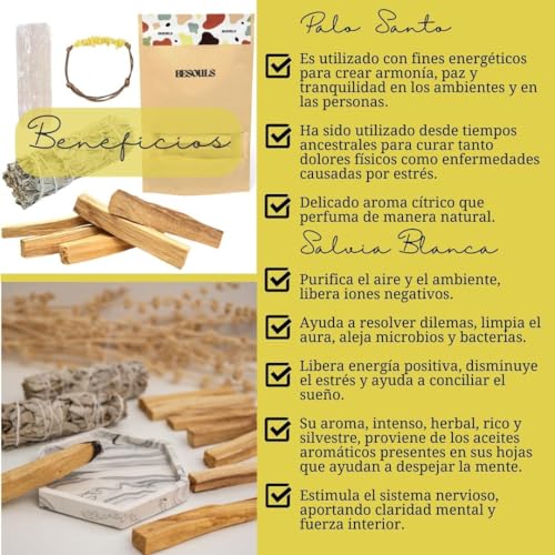 Regalos Originales: Kit Limpieza energetica 4-6 Palo Santo Premium + 1 Salvia Blanca + Pulsera Regalo + Selenita + QR Contenido Digital | Palo Santo para Quemar Natural | Experiencia