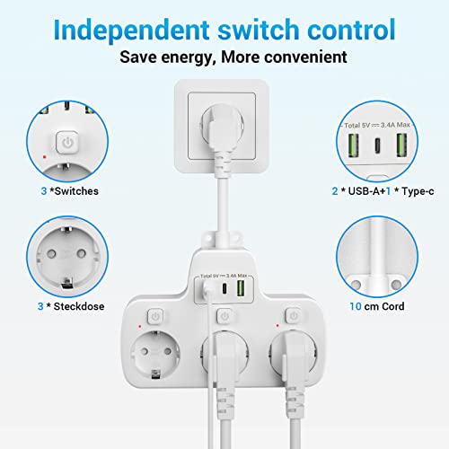 Regletas Enchufes USB C con Interruptores Independientes, Enchufe Multiple 3 Tomas, Ladron Enchufes Modernos de 3 USB, Regleta Enchufes Multiples Montaje en Pared Protección Infantil 0.1M Cable