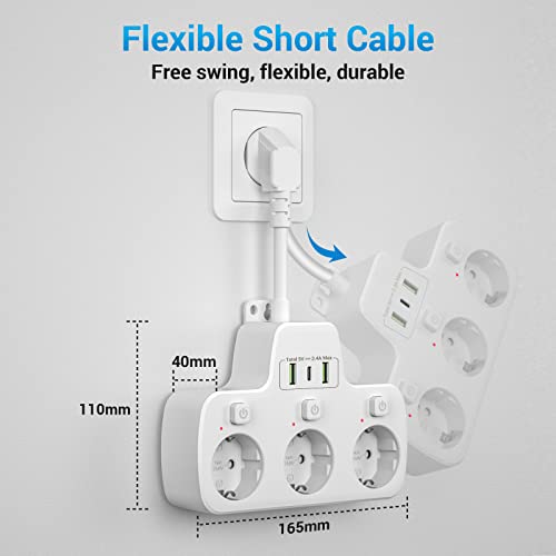 Regletas Enchufes USB C con Interruptores Independientes, Enchufe Multiple 3 Tomas, Ladron Enchufes Modernos de 3 USB, Regleta Enchufes Multiples Montaje en Pared Protección Infantil 0.1M Cable