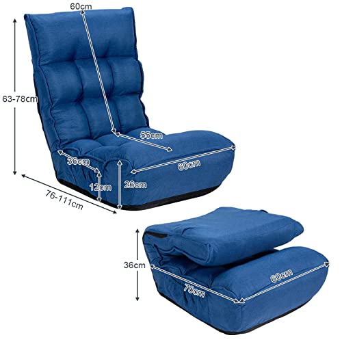 RELAX4LIFE Sillón Bajo de Suelo con Respaldo Reclinable en 4 Posiciones y Reposacabezas en 5 Posiciones, Cojín de Suelo Plegable con Tubos de Acero de Carga 140 kg para Adultos y Niños (Blue)