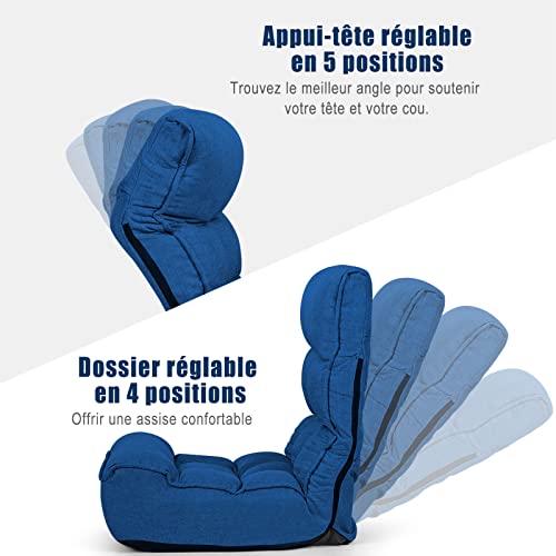 RELAX4LIFE Sillón Bajo de Suelo con Respaldo Reclinable en 4 Posiciones y Reposacabezas en 5 Posiciones, Cojín de Suelo Plegable con Tubos de Acero de Carga 140 kg para Adultos y Niños (Blue)