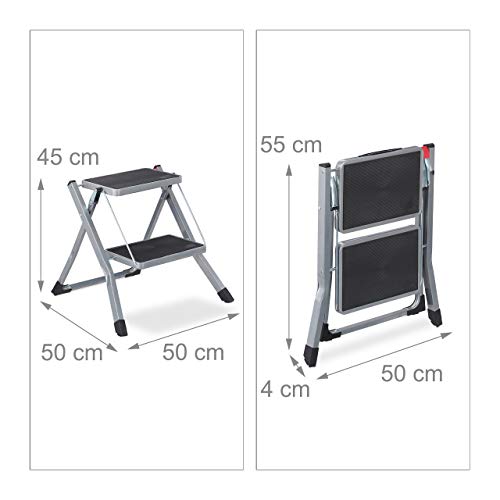 Relaxdays Escalera Plegable 2 Peldaños, Escalerilla Cocina, Doméstica, Antideslizante, Hierro, 45 x 50 x 50 cm, Gris
