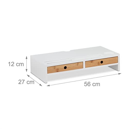 Relaxdays Soporte para Monitor, 2 Cajones, Elevador de Pantalla para Escritorio, 12 x 56 x 27 cm, Bambú y MDF, Blanco, 80% 20% Tablero de Fibra