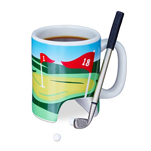 relaxdays Taza Golf, Palo con Bolígrafo, 2 Pelotas, Juego Original, Minigolf Oficina, Cerámica-Plástico, Multicolor