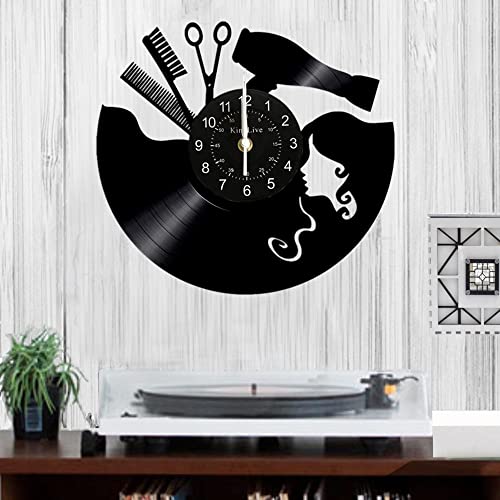 Reloj de pared hecho a mano con discos de vinilo, reloj de pared para peluquería, peluquería, peluquería, decoración de cocina, regalo para él y ella, reloj de vinilo de salón de belleza, decoración