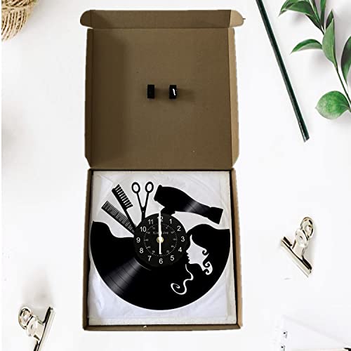 Reloj de pared hecho a mano con discos de vinilo, reloj de pared para peluquería, peluquería, peluquería, decoración de cocina, regalo para él y ella, reloj de vinilo de salón de belleza, decoración