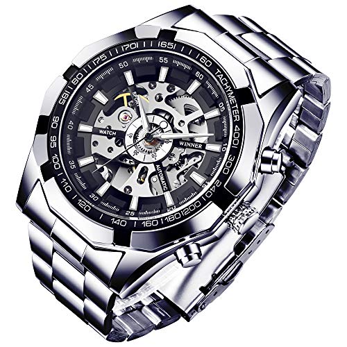 Reloj de pulsera para hombre, de la marca GuTe, con esqueleto descubierto, en color plateado y negro